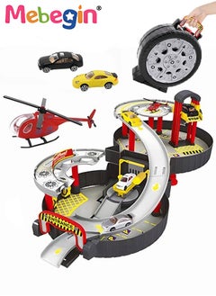 MEBEGIN Tire-shaped Parking Lot Set with 2 Alloy Cars and 1 Helicopter, Ultimate Garage with Helicopter Pad, Creative Travel Toy with Independent Storage Box, Fun Board Game, Easy to Storage and Carry, Ideal Gift for Kids Aged 3+, 30.5*63*23cm  - Image 4