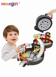 MEBEGIN Tire-shaped Parking Lot Set with 2 Alloy Cars and 1 Helicopter, Ultimate Garage with Helicopter Pad, Creative Travel Toy with Independent Storage Box, Fun Board Game, Easy to Storage and Carry, Ideal Gift for Kids Aged 3+, 30.5*63*23cm  - Image 2