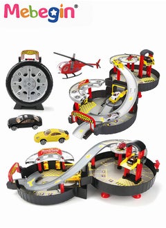 MEBEGIN Tire-shaped Parking Lot Set with 2 Alloy Cars and 1 Helicopter, Ultimate Garage with Helicopter Pad, Creative Travel Toy with Independent Storage Box, Fun Board Game, Easy to Storage and Carry, Ideal Gift for Kids Aged 3+, 30.5*63*23cm  - Image 1