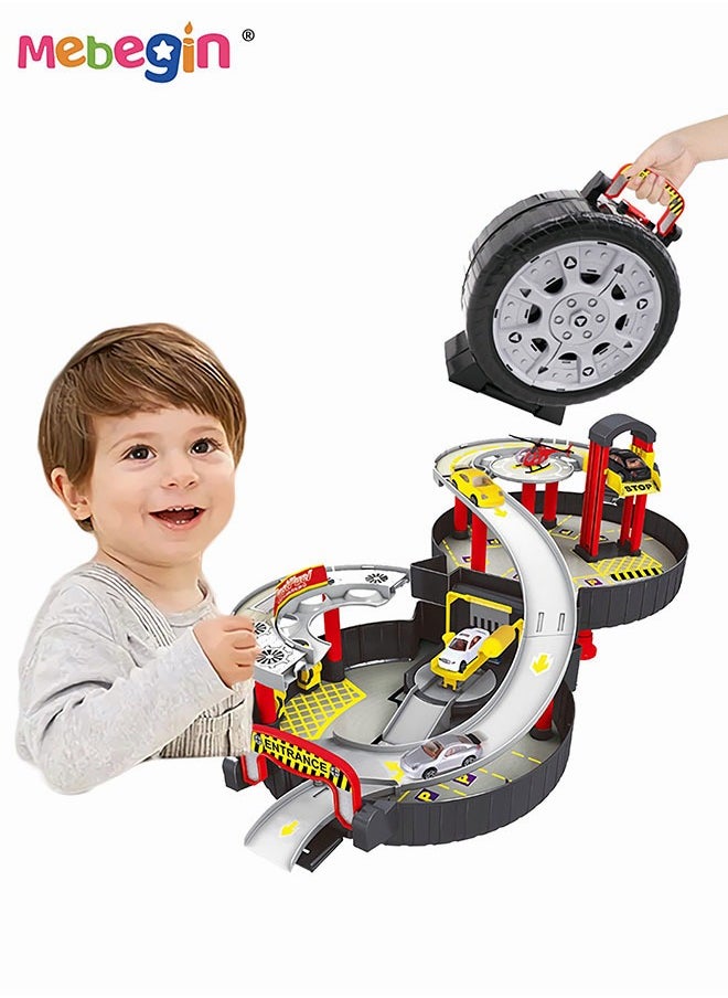 MEBEGIN Tire-shaped Parking Lot Set with 2 Alloy Cars and 1 Helicopter, Ultimate Garage with Helicopter Pad, Creative Travel Toy with Independent Storage Box, Fun Board Game, Easy to Storage and Carry, Ideal Gift for Kids Aged 3+, 30.5*63*23cm  - Image 2
