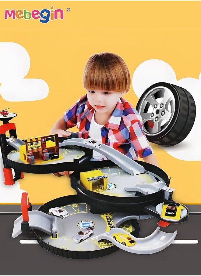 MEBEGIN Tire-shaped Parking Lot Set with 2 Alloy Cars and 1 Helicopter, Ultimate Garage with Helicopter Pad, Creative Travel Toy with Independent Storage Box, Fun Board Game, Easy to Storage and Carry, Ideal Gift for Kids Aged 3+, 30.5*63*23cm  - Image 3