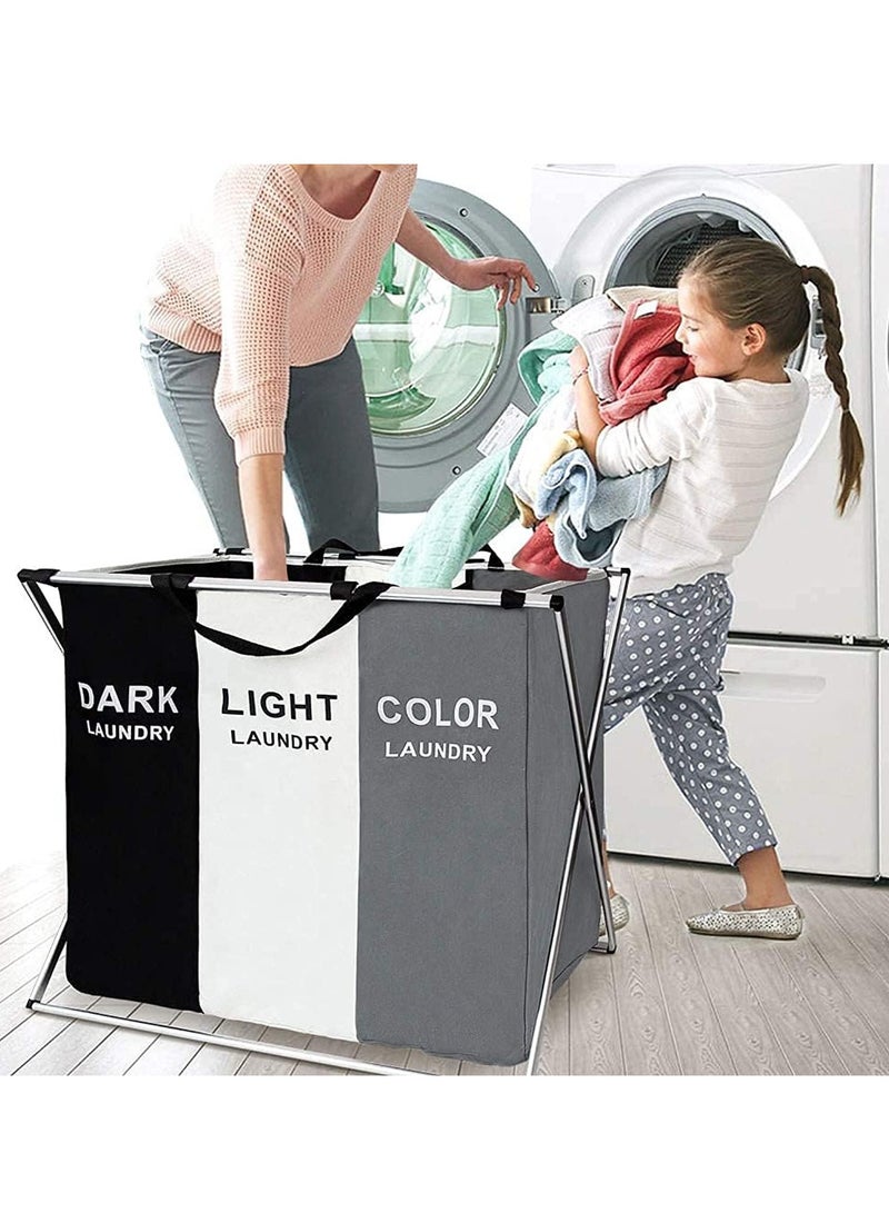 MIXDE Large Laundry Basket Bags Foldable,3-Section Laundry Hamper Portable Dirty Clothes Bag Sorter with Handle,Large Capacity Fabric Washing Storage Baskets for Bathroom Bedroom Home 135L - Image 4