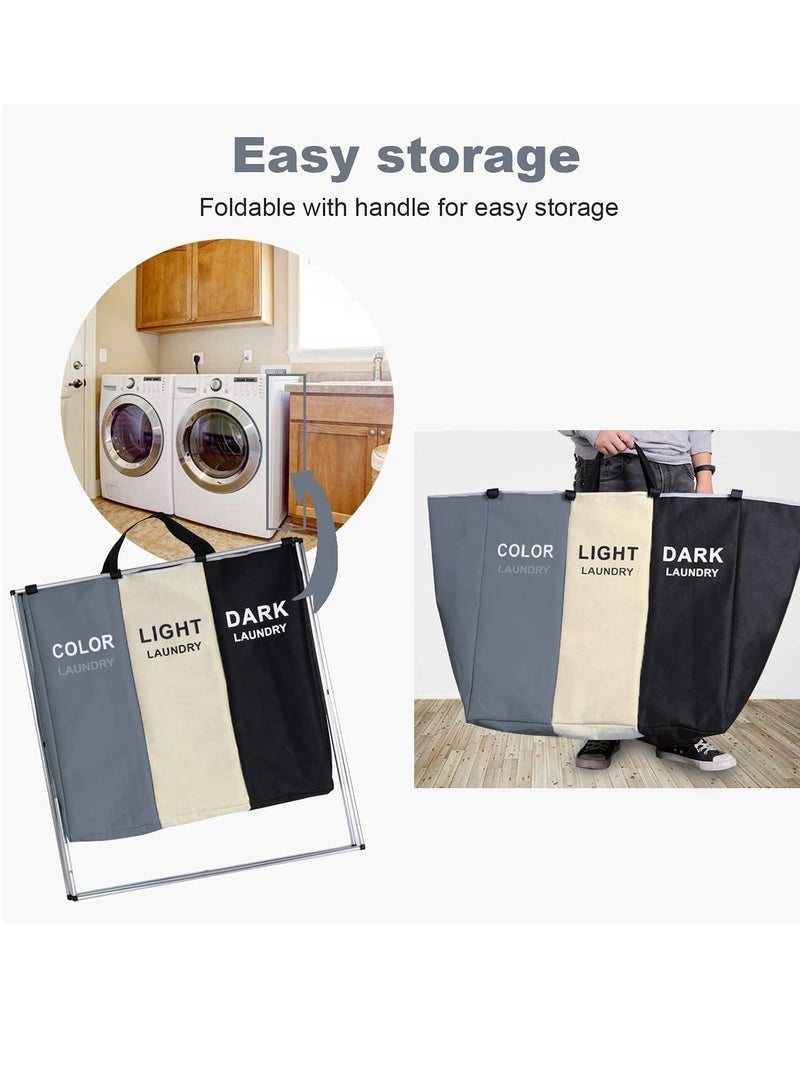 MIXDE Large Laundry Basket Bags Foldable,3-Section Laundry Hamper Portable Dirty Clothes Bag Sorter with Handle,Large Capacity Fabric Washing Storage Baskets for Bathroom Bedroom Home 135L - Image 5