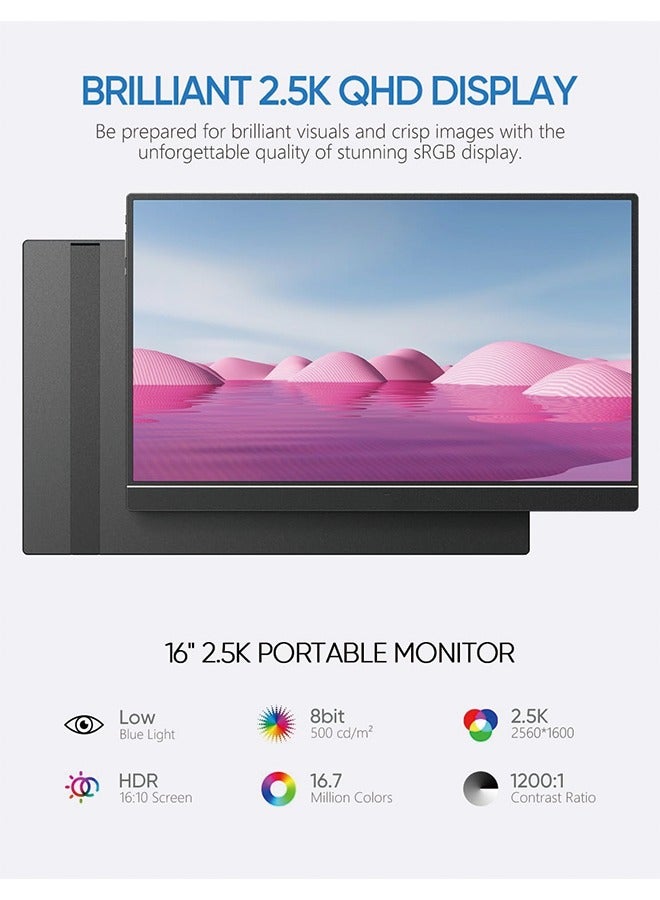 16" 2.5K Portable Monitor, 2560x1600 QHD IPS Display 123% sRGB with Built-in Stand USB-C HDMI Eye Care External Second Screen for Mac Laptop Phone PS4/5 Xbox Switch -Z1RC  - Image 3