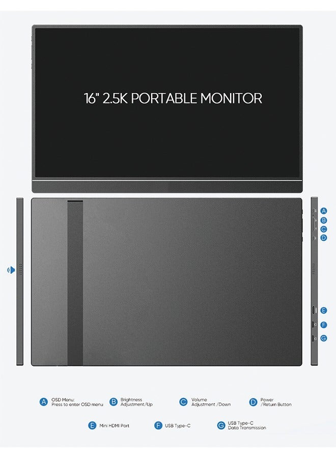 16" 2.5K Portable Monitor, 2560x1600 QHD IPS Display 123% sRGB with Built-in Stand USB-C HDMI Eye Care External Second Screen for Mac Laptop Phone PS4/5 Xbox Switch -Z1RC  - Image 4
