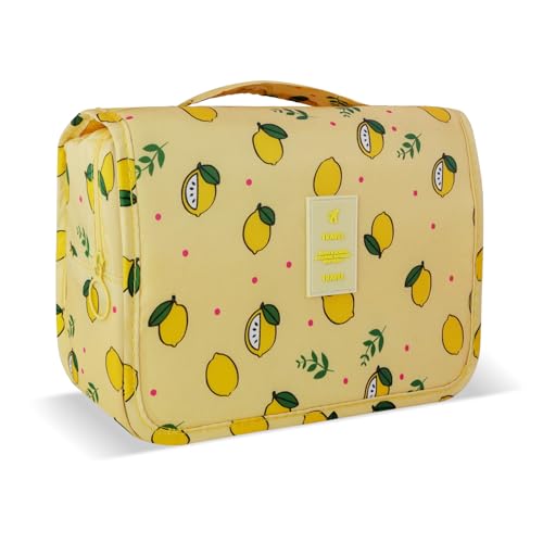 Lcsmaokin Large Capacity Toiletry Bag Travel Bag with Hanging Hook for Men and Women Waterproof Travel Cosmetic Bag Bathroom Storage Bag for Brushes Set,Full-Sized Shampoo,Accessories -Yellow Lemon - Image 1