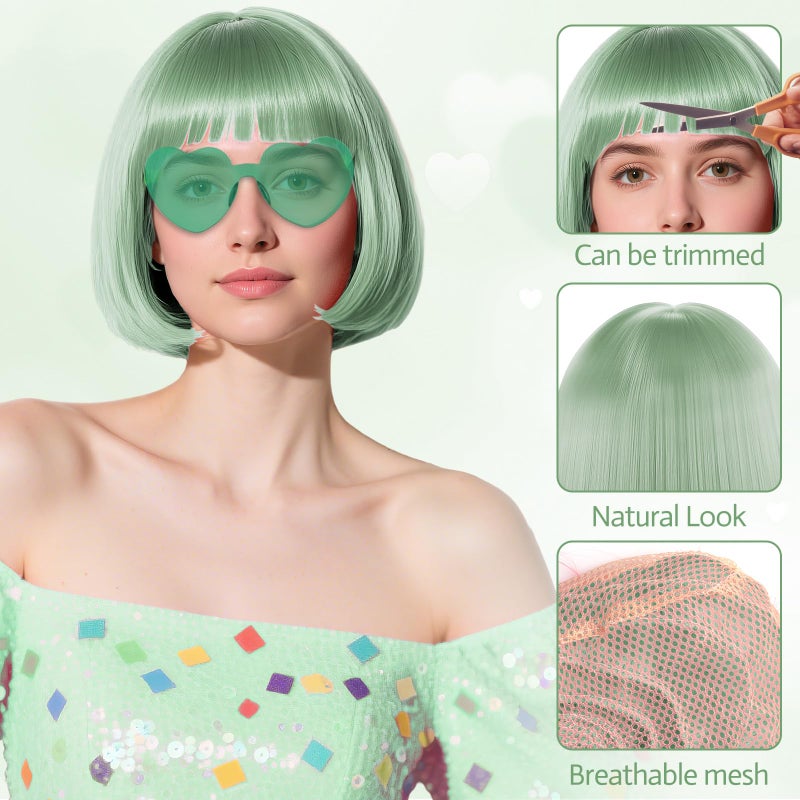 PLULON Hot Pink-Color Bob Wig with Heart Sunglasses Neon Colored Party Wig - Image 4