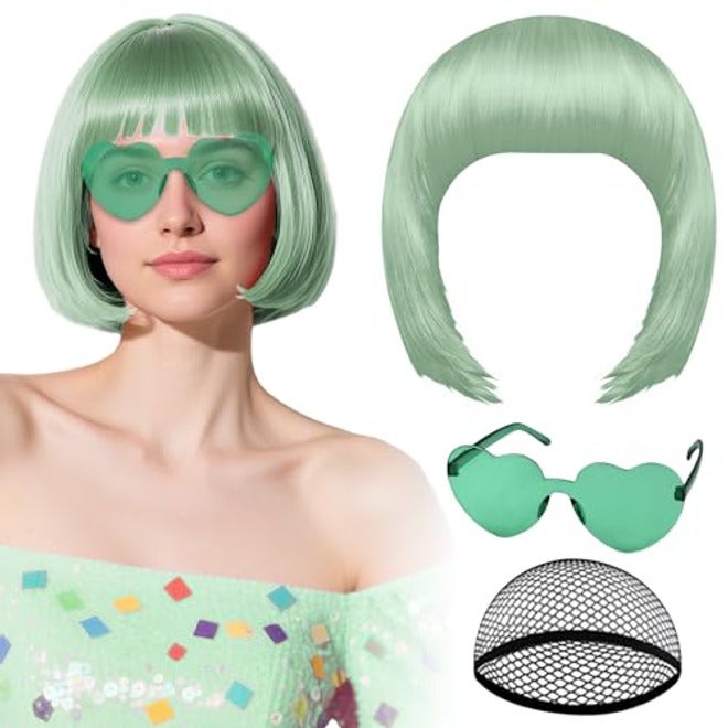 PLULON Hot Pink-Color Bob Wig with Heart Sunglasses Neon Colored Party Wig - Image 2