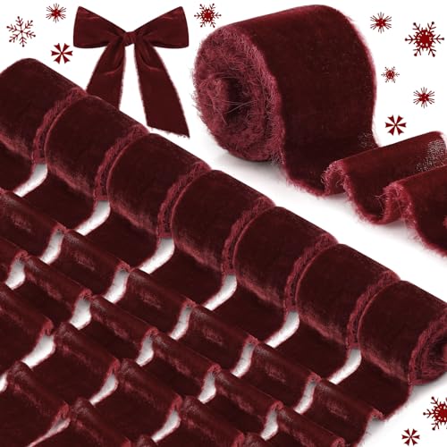 Yilloog 24 Yards Christmas Velvet Wrapping Ribbon 8 Roll Silk Frayed Handmade Velvet Ribbon for Wedding Bouquet Invitation Christmas Wreaths Decor Gift Wrapping Cards DIY Burgundy Red2 Inch - Image 1