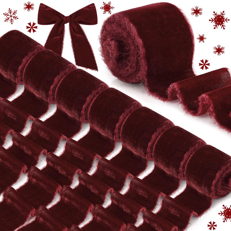 Yilloog 24 Yards Christmas Velvet Wrapping Ribbon 8 Roll Silk Frayed Handmade Velvet Ribbon for Wedding Bouquet Invitation Christmas Wreaths Decor Gift Wrapping Cards DIY Burgundy Red2 Inch - Image 2