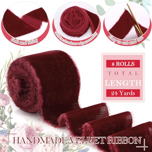 Yilloog 24 Yards Christmas Velvet Wrapping Ribbon 8 Roll Silk Frayed Handmade Velvet Ribbon for Wedding Bouquet Invitation Christmas Wreaths Decor Gift Wrapping Cards DIY Burgundy Red2 Inch - Image 3
