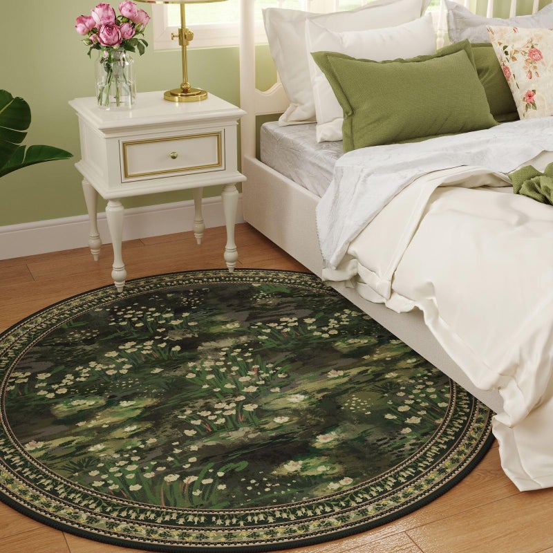 Rugcomf Circle Rug Impressionist-Style Vintage Round Rug 4ft Non Slip Low Pile Small Circular Rug for Bedroom Bathroom Entryway Kids Room Office College Dorm, Green - Image 3