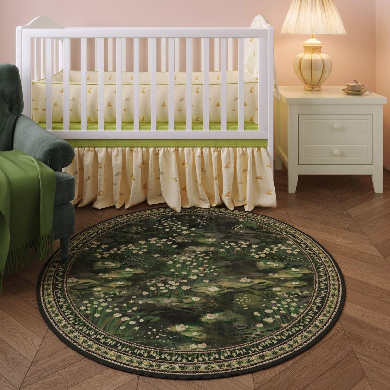 Rugcomf Circle Rug Impressionist-Style Vintage Round Rug 4ft Non Slip Low Pile Small Circular Rug for Bedroom Bathroom Entryway Kids Room Office College Dorm, Green - Image 2