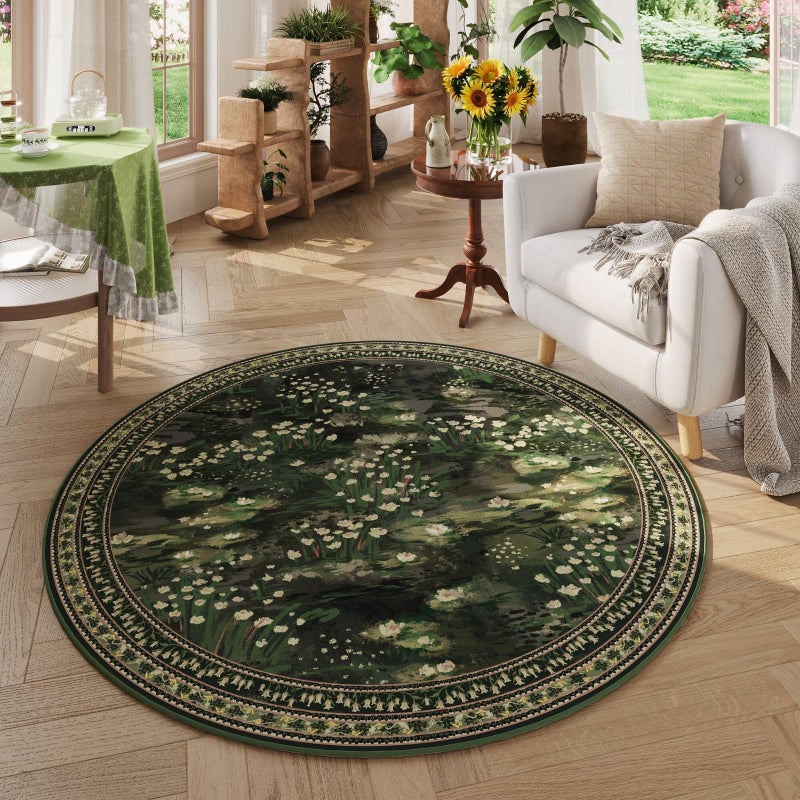 Rugcomf Circle Rug Impressionist-Style Vintage Round Rug 4ft Non Slip Low Pile Small Circular Rug for Bedroom Bathroom Entryway Kids Room Office College Dorm, Green - Image 1