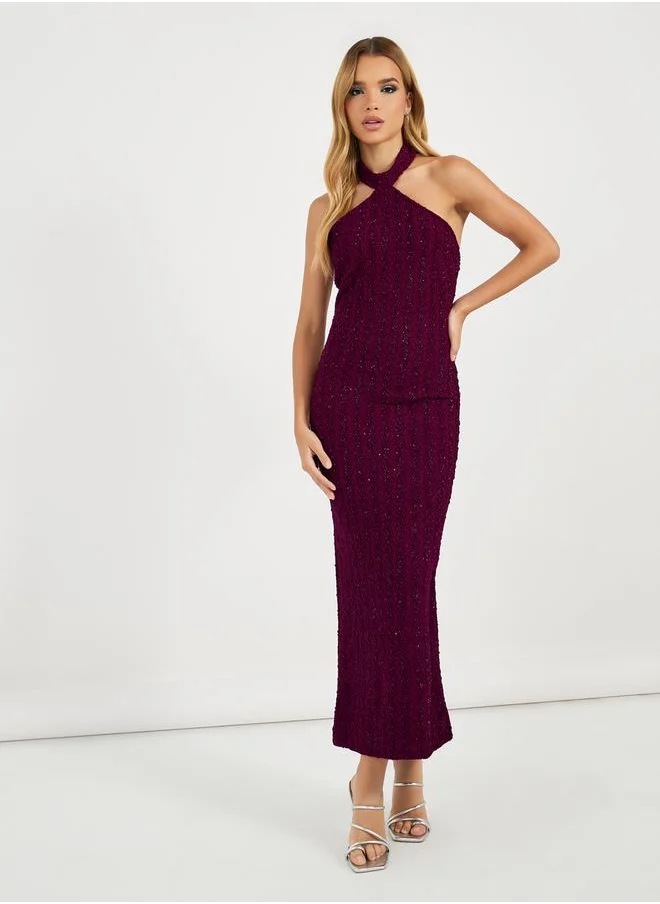 Styli Embellished Halter Neck Bodycon Maxi Dress