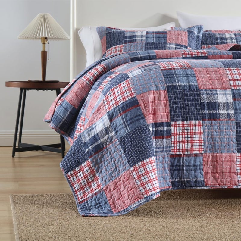 VISIMISI Cotton Bedding Quilt Sets Reversible All Season Real Patchwork Coverlet Sets All Season Blue Bedspread, Houndstooth Plaid Pattern, Queen Size - Image 5