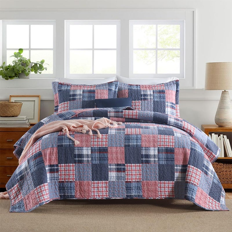 VISIMISI Cotton Bedding Quilt Sets Reversible All Season Real Patchwork Coverlet Sets All Season Blue Bedspread, Houndstooth Plaid Pattern, Queen Size - Image 1