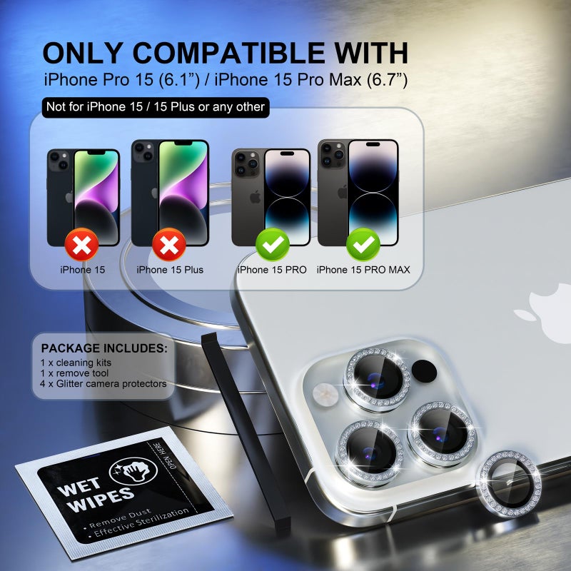 Choiche Compatible for iPhone 15 Pro/iPhone 15 Pro Max Camera Lens Protector Bling, 9H Tempered Glass Camera Cover Screen Protector Metal Ring Decoration Accessories (Diamond-Silver) - Image 2