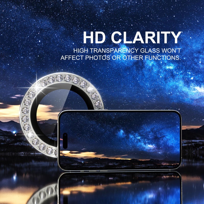 Choiche Compatible for iPhone 15 Pro/iPhone 15 Pro Max Camera Lens Protector Bling, 9H Tempered Glass Camera Cover Screen Protector Metal Ring Decoration Accessories (Diamond-Silver) - Image 5