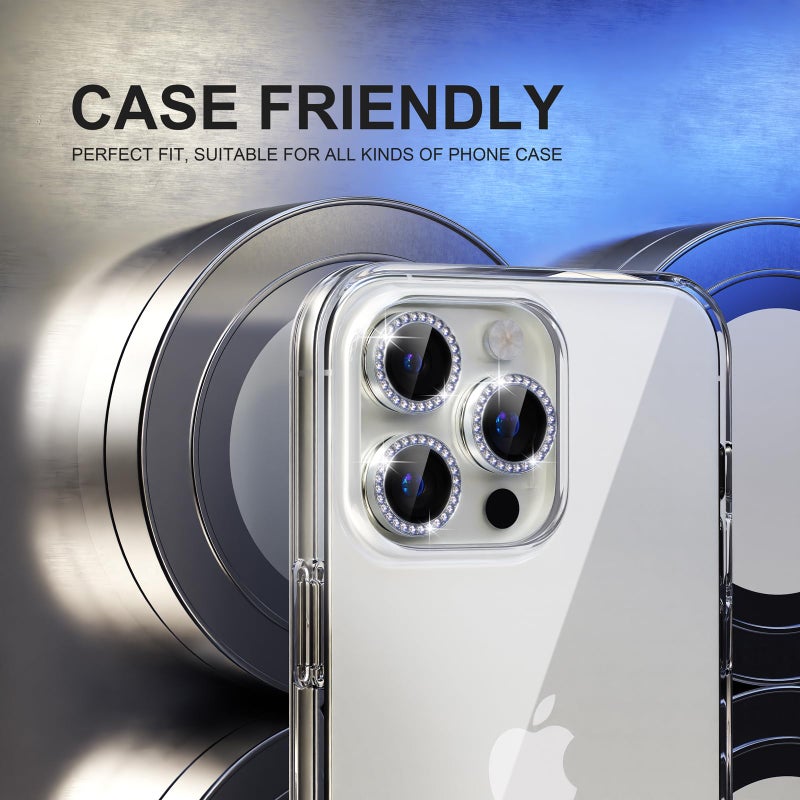 Choiche Compatible for iPhone 15 Pro/iPhone 15 Pro Max Camera Lens Protector Bling, 9H Tempered Glass Camera Cover Screen Protector Metal Ring Decoration Accessories (Diamond-Silver) - Image 4