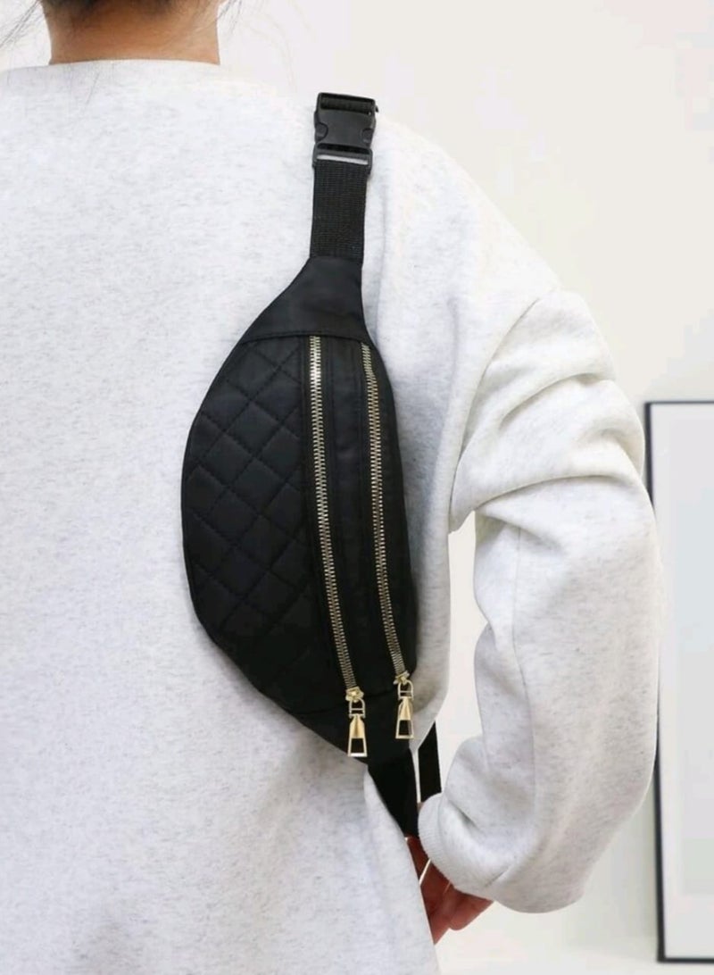 Quilted Pattern Fanny Pack With Zippers