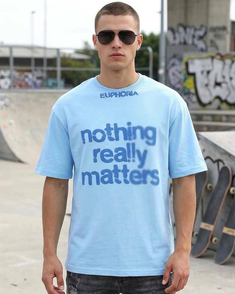 بيواكوف Men's Clear Sky Blue Typography Oversized T-shirt