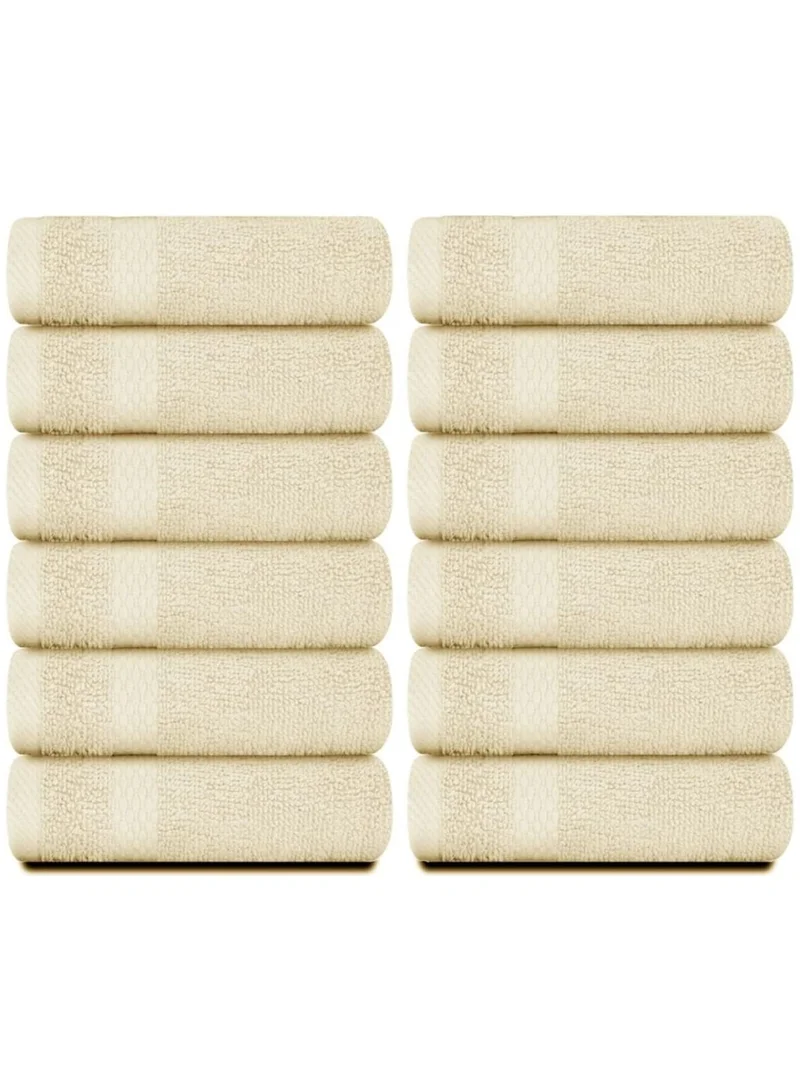 1Chase Luxury Cotton Face Towel - Large Hotel Spa Bathroom Face Towel Set of 12  Beige