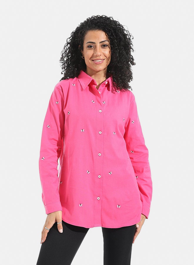 Andora Embrodired Long Sleeves Turned Down Collar Shirts _ Pink - Image 1