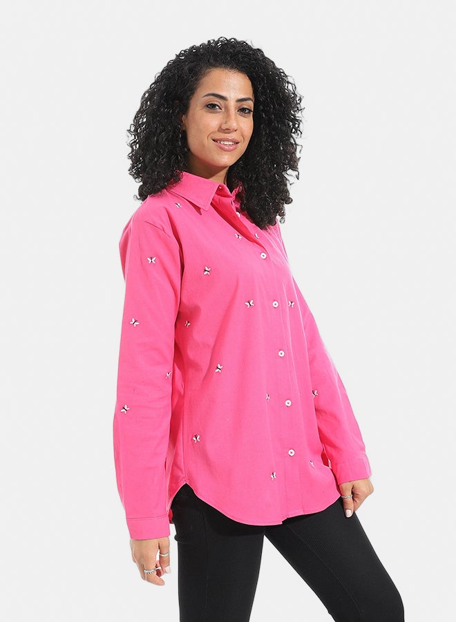 Andora Embrodired Long Sleeves Turned Down Collar Shirts _ Pink - Image 2