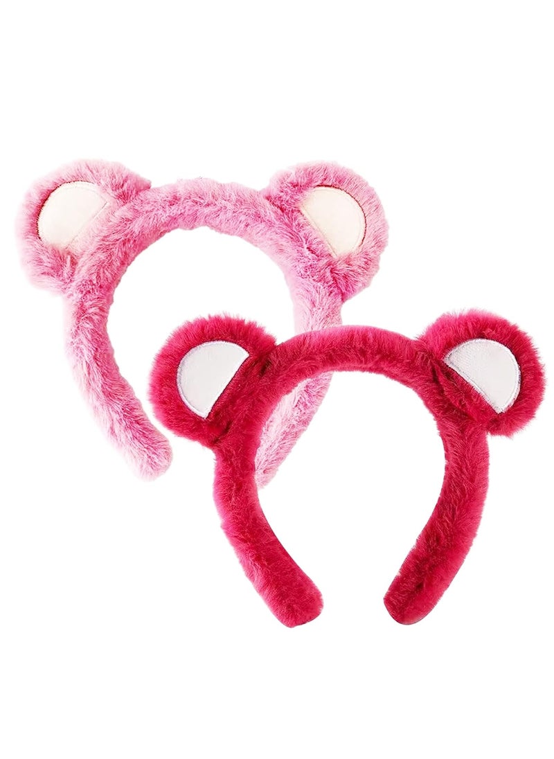 CheeseandU - 2Pcs Pink Bear Ears Headband Hot Pink Plush Hair Hoop Cute Fashion Fluffy Soft Plush Bear Ear Headwears for Women Girls Makeup Headband Face Washing Headband Valentines Day Gift - Image 1