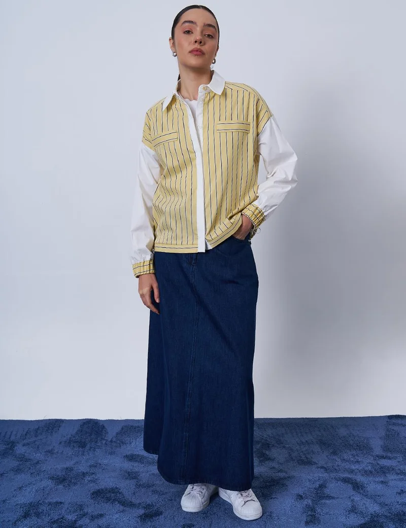 Kayra Striped Pattern Cotton Tunic Yellow