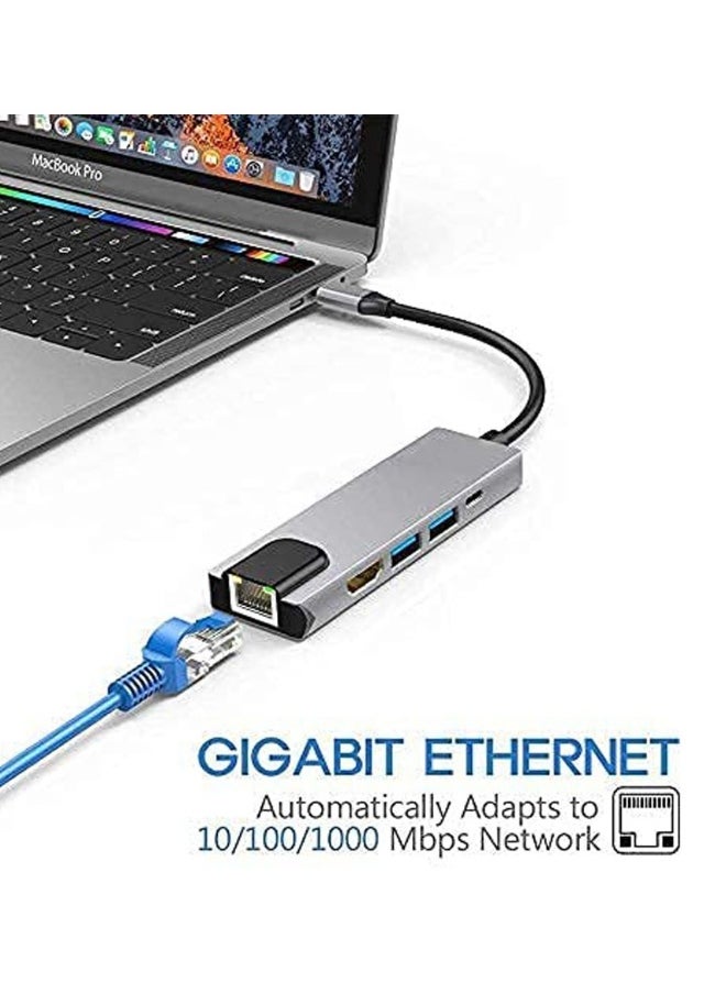 NIBEMINENT - USB C Hub,Type C Hub,10/100Mbps Aluminum USB Ethernet Adapter with RJ45 Network LAN Port and 5 USB 2.0 Ports for PC, MacBook, Mac Pro, Mac Surface Pro, XPS, PC (5 in 1 USB C HUB+RJ45) - Image 1