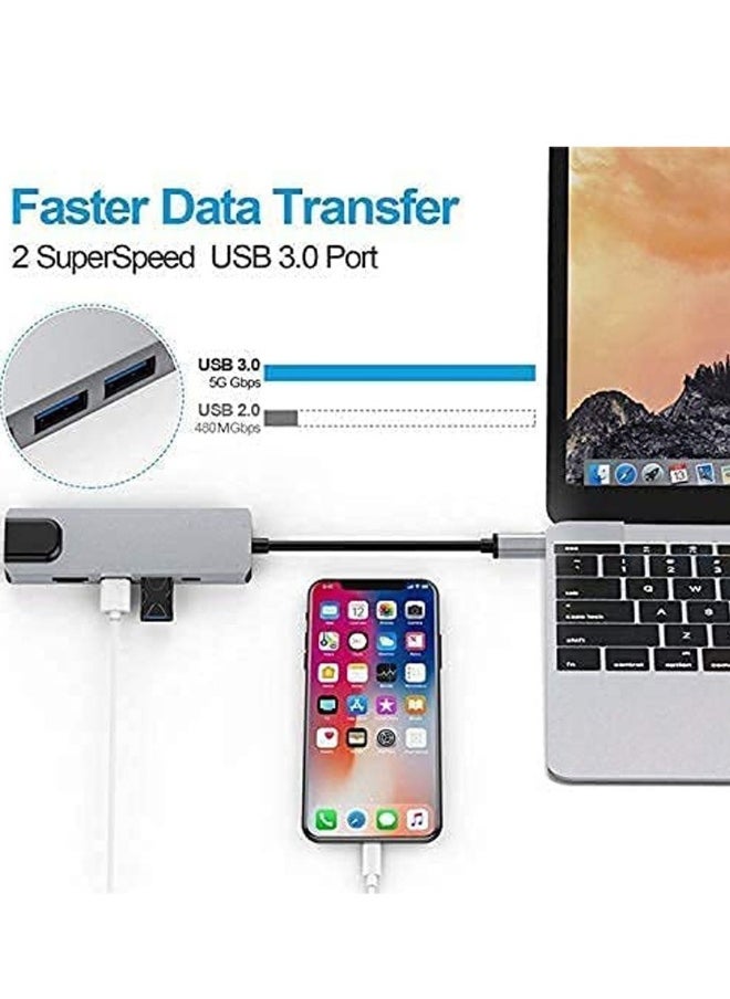 NIBEMINENT - USB C Hub,Type C Hub,10/100Mbps Aluminum USB Ethernet Adapter with RJ45 Network LAN Port and 5 USB 2.0 Ports for PC, MacBook, Mac Pro, Mac Surface Pro, XPS, PC (5 in 1 USB C HUB+RJ45) - Image 1