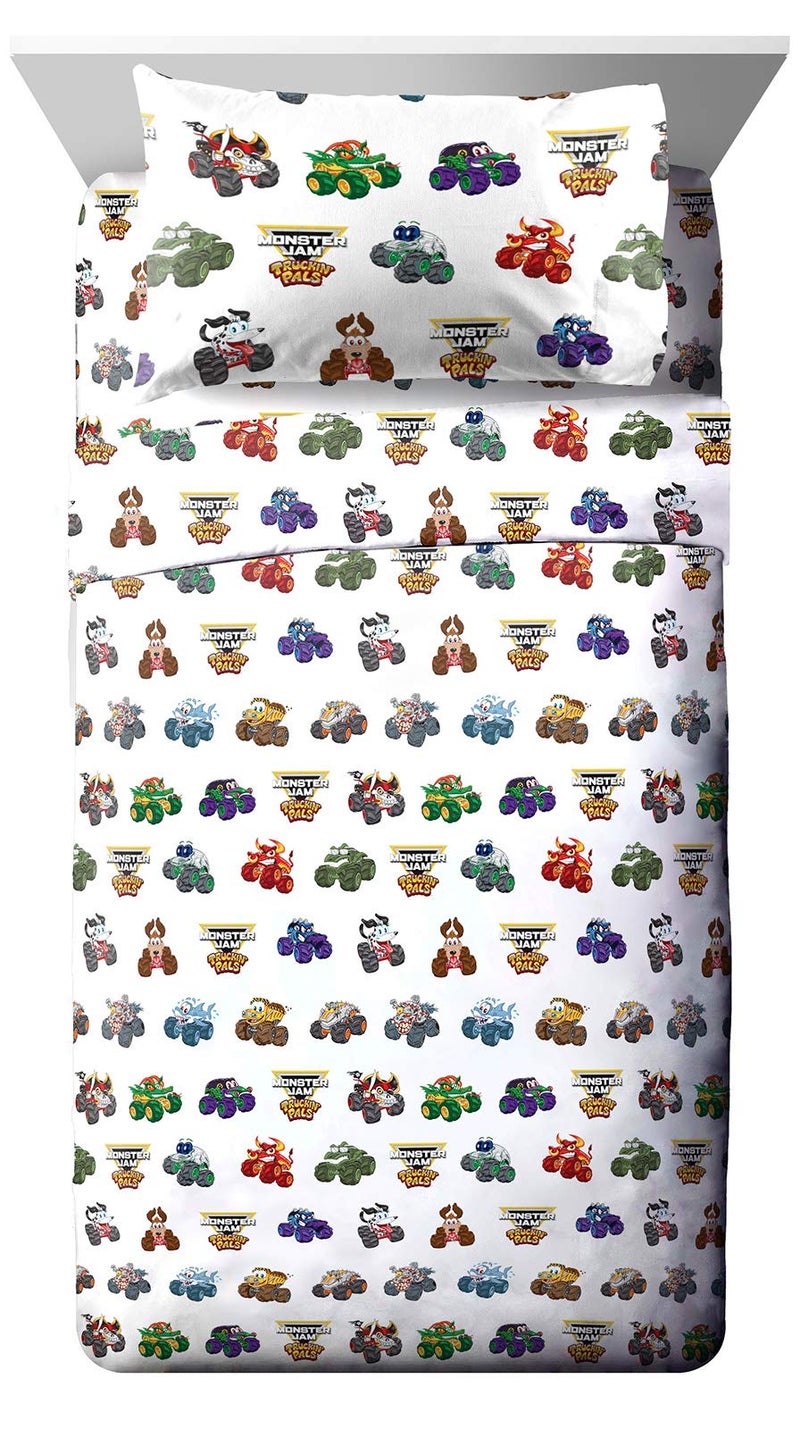 Jay Franco Kids Sheet Set with Fitted, Flat Sheets & Pillow Cover - Ultra-Soft Bedding with Pillowcase for Room Decor, White - Monster Jam, 3 Piece Twin - Image 1