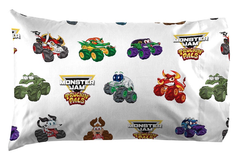 Jay Franco Kids Sheet Set with Fitted, Flat Sheets & Pillow Cover - Ultra-Soft Bedding with Pillowcase for Room Decor, White - Monster Jam, 3 Piece Twin - Image 2