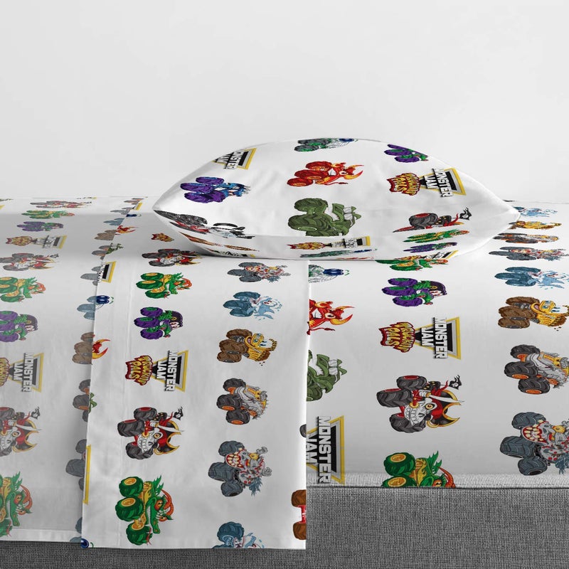 Jay Franco Kids Sheet Set with Fitted, Flat Sheets & Pillow Cover - Ultra-Soft Bedding with Pillowcase for Room Decor, White - Monster Jam, 3 Piece Twin - Image 3