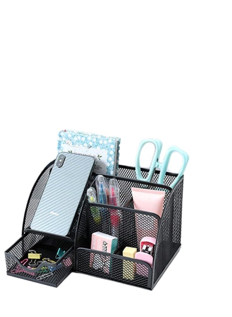 Terabyte Desk Organizer Mesh Pen Holder with 6 Compartments and 1 Drawer Stationery Organizers for Home Office School Classroom Multifunctional - Image 1