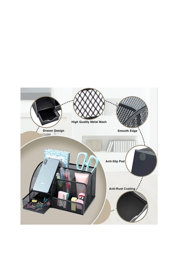 Terabyte Desk Organizer Mesh Pen Holder with 6 Compartments and 1 Drawer Stationery Organizers for Home Office School Classroom Multifunctional - Image 2