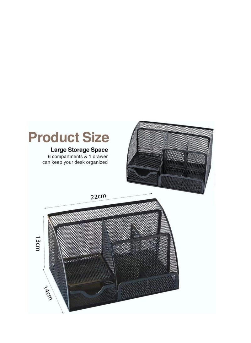 Terabyte Desk Organizer Mesh Pen Holder with 6 Compartments and 1 Drawer Stationery Organizers for Home Office School Classroom Multifunctional - Image 4