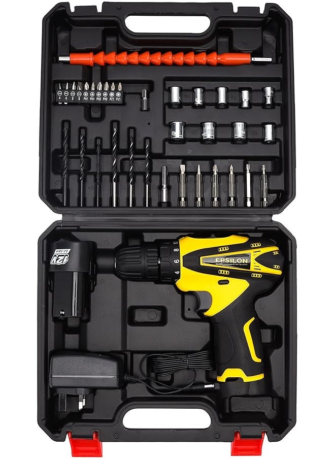 Epsilon 12V Cordless Drill Ecd1037 Chuck Size 10 Mm Perfect For Home And Business No Load Speed 0 400 0 1400 Rpm Includes Accessories Black And Yellow  - Image 1
