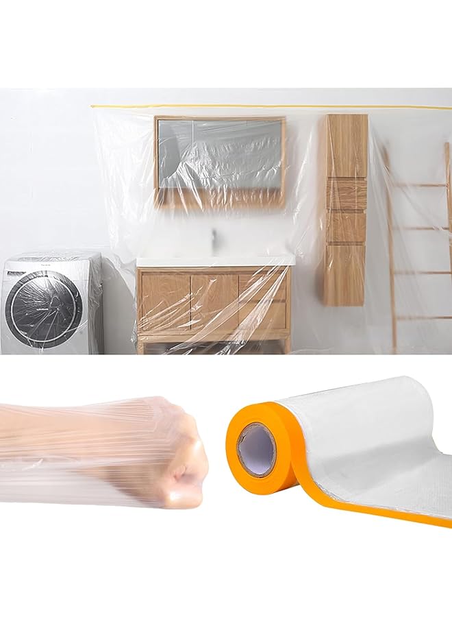 promass Masking Film,Pre-Taped and Plastic Drape,Adhesive Waterproof Dust-Proof Protective Plastic Painting Drop Film, Prevent Dust Paint Cover for Car,Furniture,Carpet,Floor,Bed,Wall (4M x 20M) - Image 1