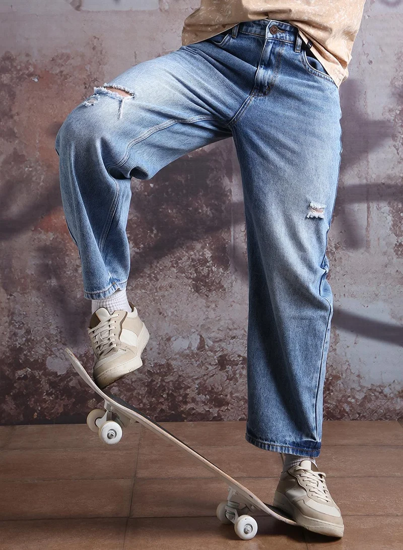 Hubberholme Men Comfort Baggy Mildly Distressed Pure Cotton Jeans