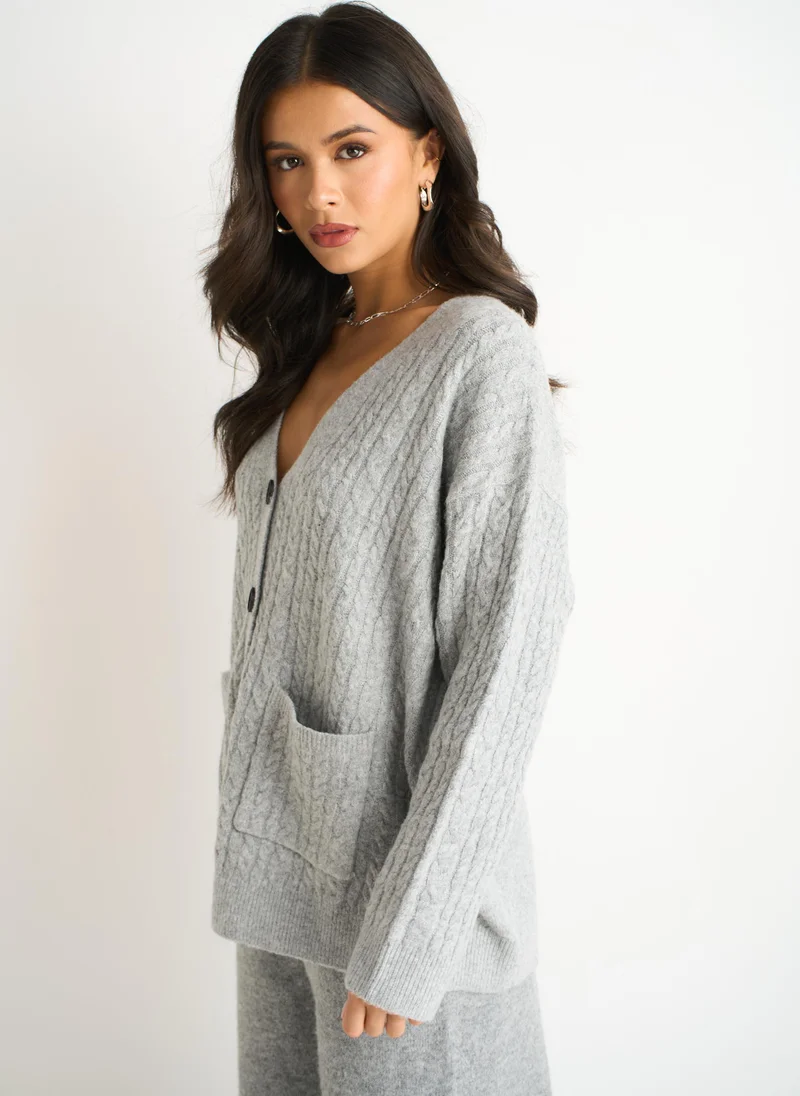 Gini London  Grey Textured Knit Long Sleeve Pocket Cardigan for Women | Best Price UAE