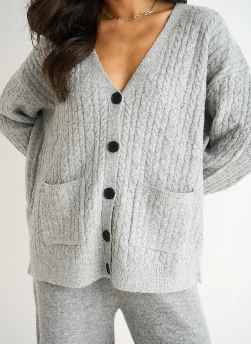 Gini London  Grey Textured Knit Long Sleeve Pocket Cardigan for Women | Best Price UAE