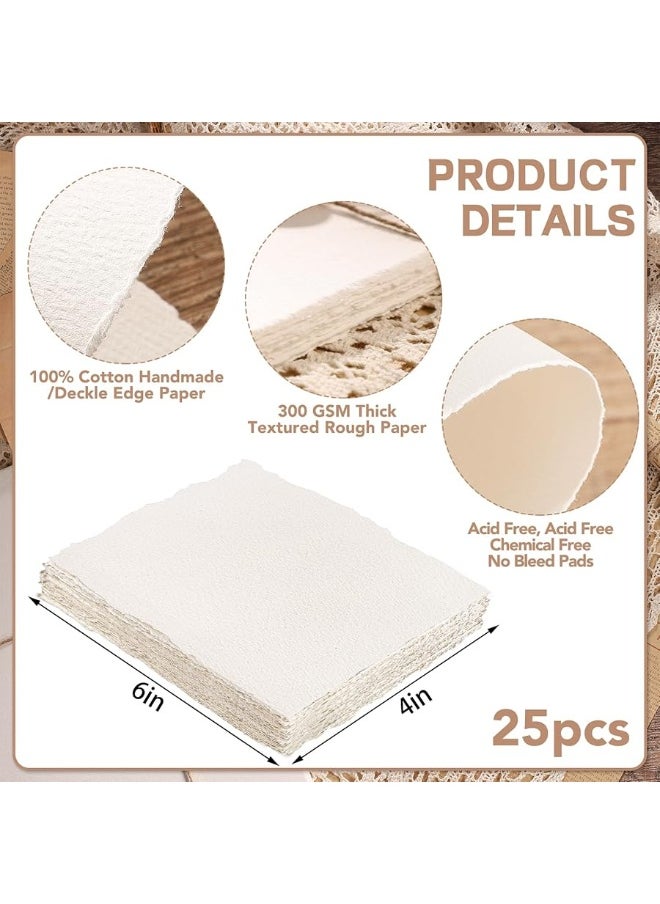 Prudiut - 25 Sheets Watercolor Paper, 300 GSM Deckled Edge Paper 4 x 6 inch Rough/Textured Handmade Paper Cotton Paper White Textured Paper for Watercolors, Wedding Invitations, Cards, Crafts - Image 1
