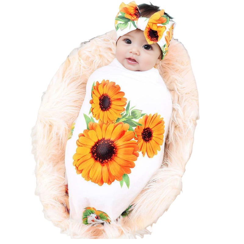 Galabloomer Newborn Receiving Blanket Headband Set Baby Flower Rose Swaddle with Big Bow (White Sunflower) - Image 1