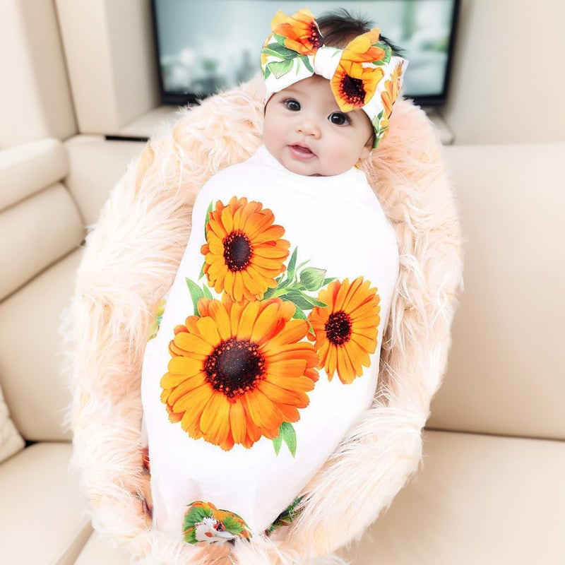 Galabloomer Newborn Receiving Blanket Headband Set Baby Flower Rose Swaddle with Big Bow (White Sunflower) - Image 2