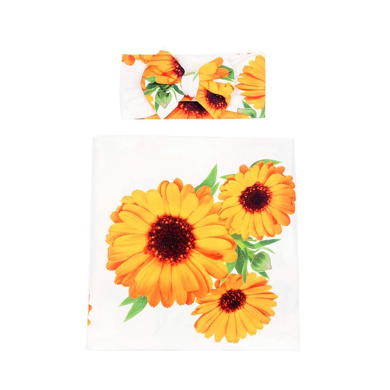 Galabloomer Newborn Receiving Blanket Headband Set Baby Flower Rose Swaddle with Big Bow (White Sunflower) - Image 3