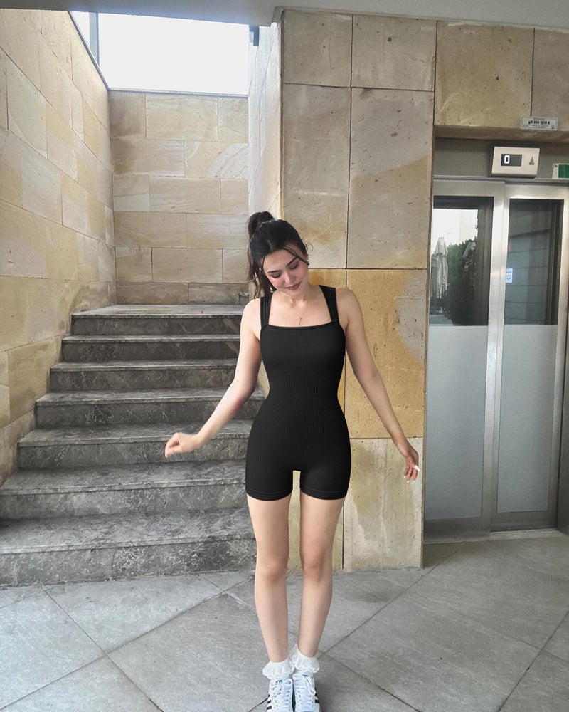 OQQ Women 2 Piece Rompers Yoga Stretch Strappy Square Neck Sleeveless Exercise Rompers Black Beige - Image 2