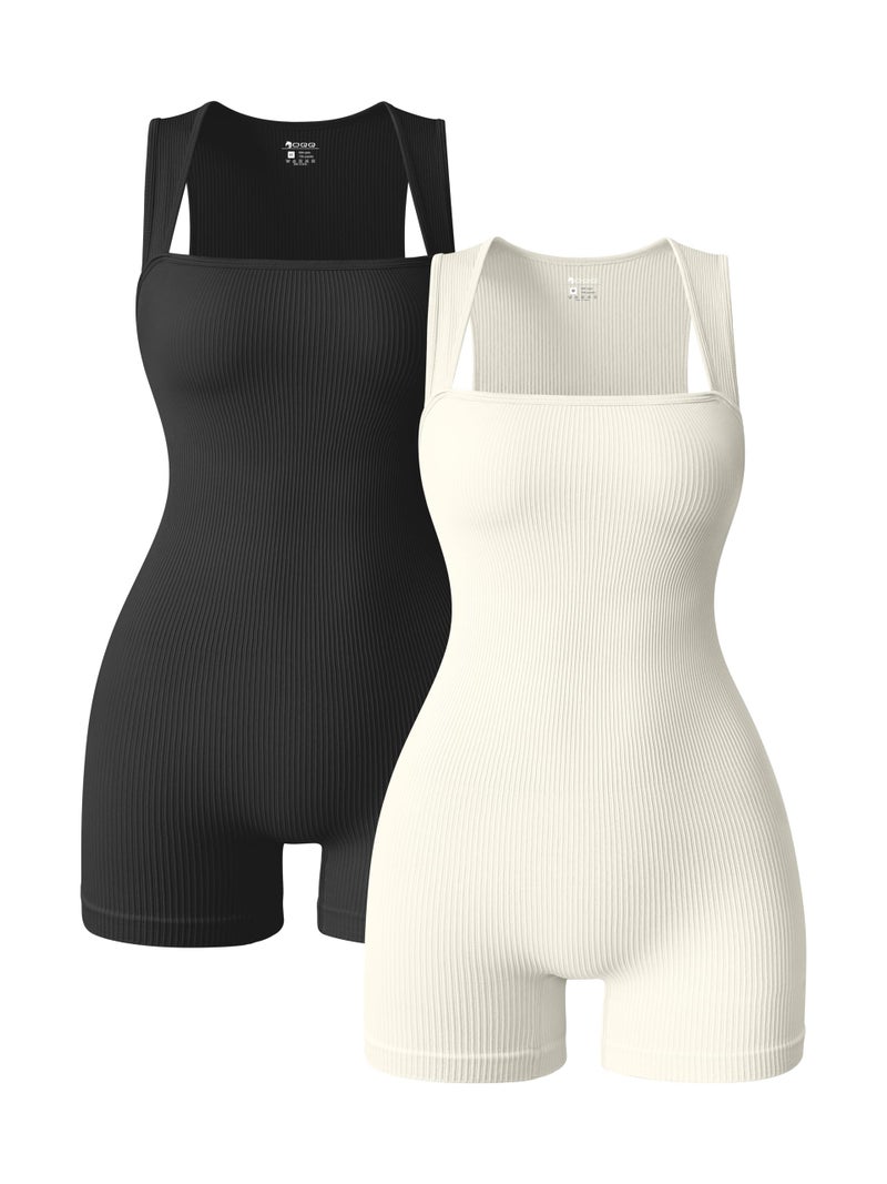 OQQ Women 2 Piece Rompers Yoga Stretch Strappy Square Neck Sleeveless Exercise Rompers Black Beige - Image 1